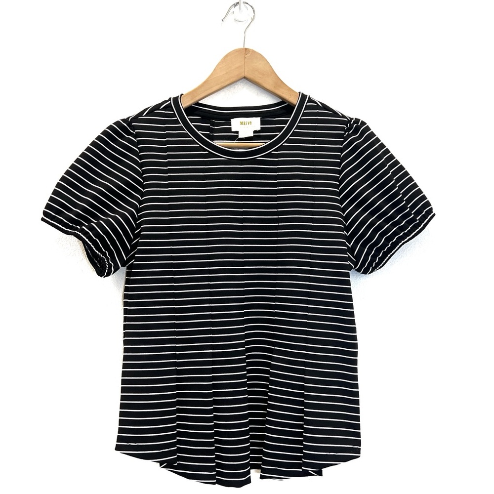 Anthropologie Maeve Black and White Fitted Ribbed Short Sleeve Tee - Picture 4 of 8